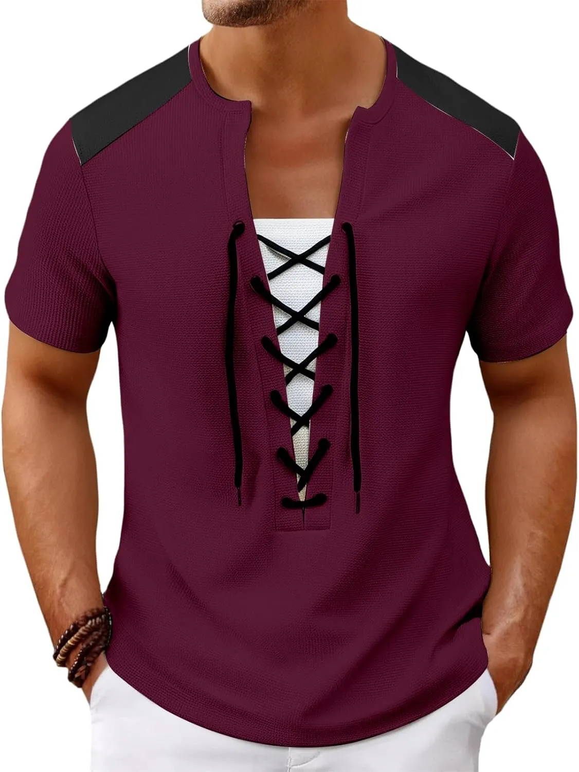 Mens Lace Up Renaissance Shirts Short Sleeve Color Block Viking Steampunk Pirate Shirt Retro Hippie Beach Tee Shirts