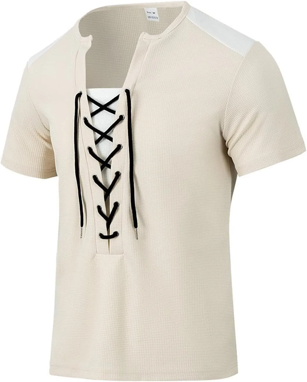 Mens Lace Up Renaissance Shirts Short Sleeve Color Block Viking Steampunk Pirate Shirt Retro Hippie Beach Tee Shirts