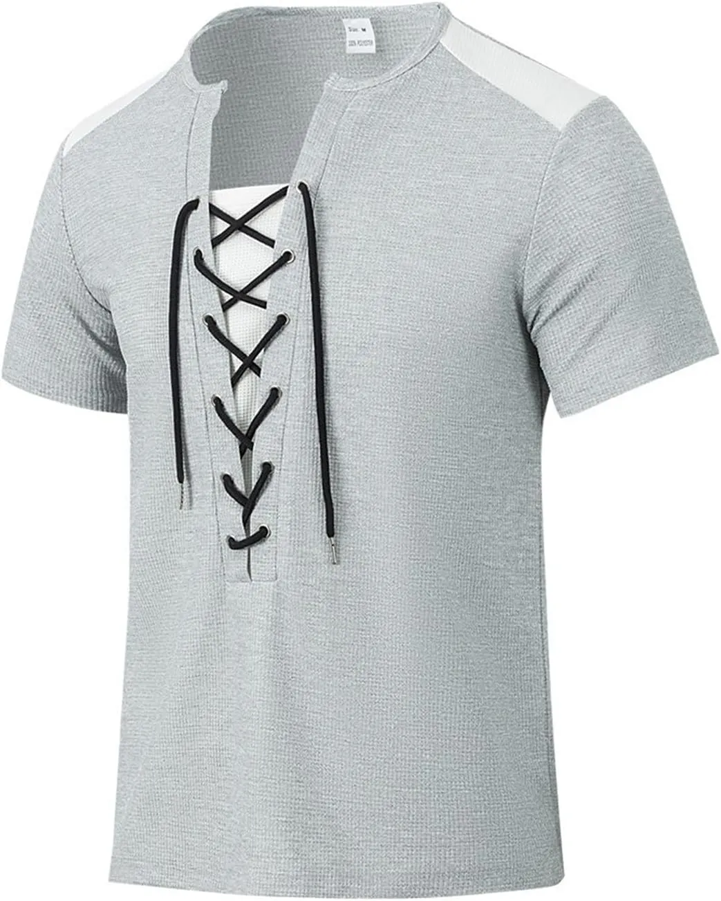 Mens Lace Up Renaissance Shirts Short Sleeve Color Block Viking Steampunk Pirate Shirt Retro Hippie Beach Tee Shirts