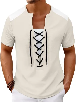 Mens Lace Up Renaissance Shirts Short Sleeve Color Block Viking Steampunk Pirate Shirt Retro Hippie Beach Tee Shirts
