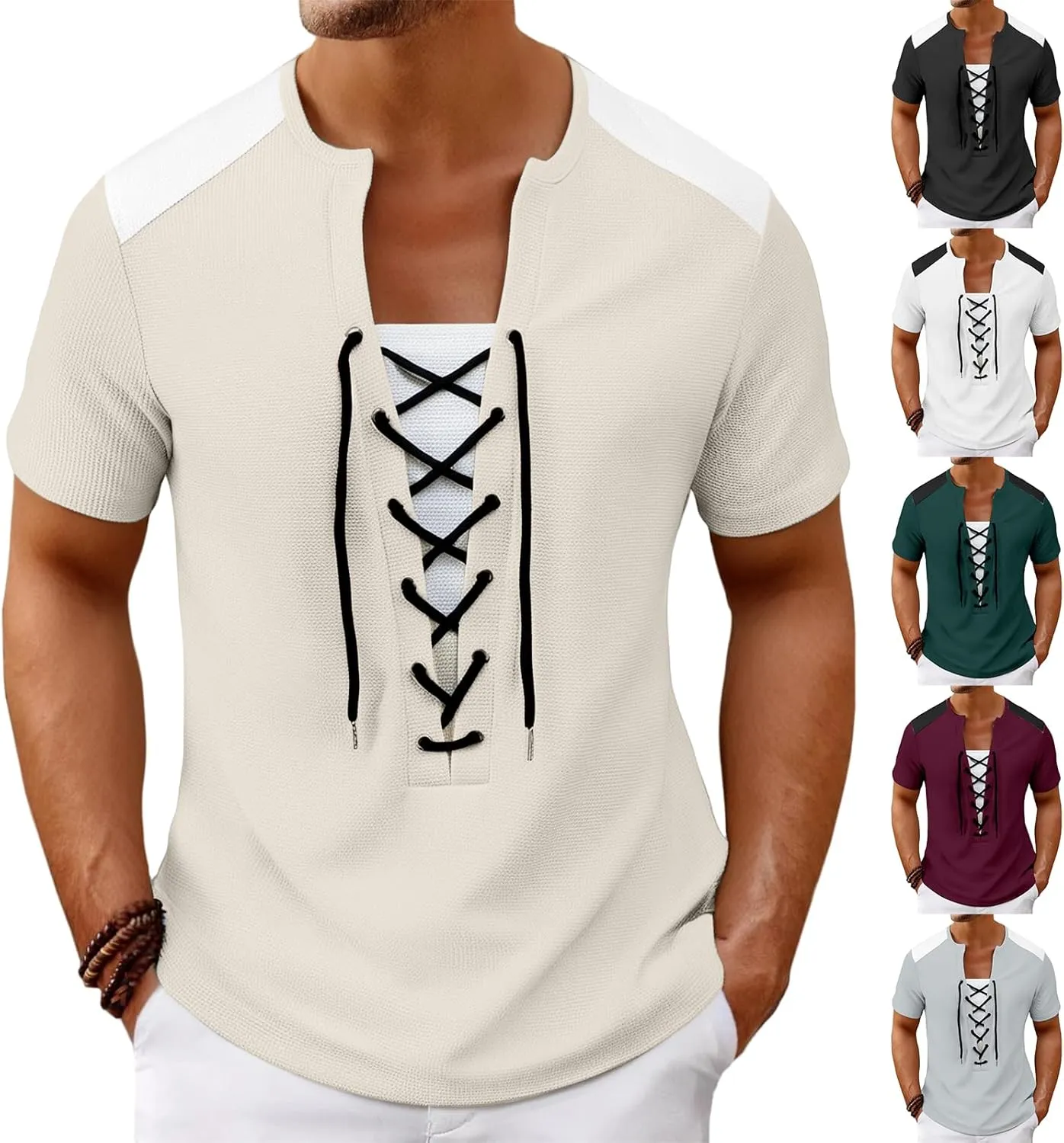 Mens Lace Up Renaissance Shirts Short Sleeve Color Block Viking Steampunk Pirate Shirt Retro Hippie Beach Tee Shirts