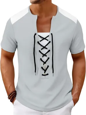 Mens Lace Up Renaissance Shirts Short Sleeve Color Block Viking Steampunk Pirate Shirt Retro Hippie Beach Tee Shirts