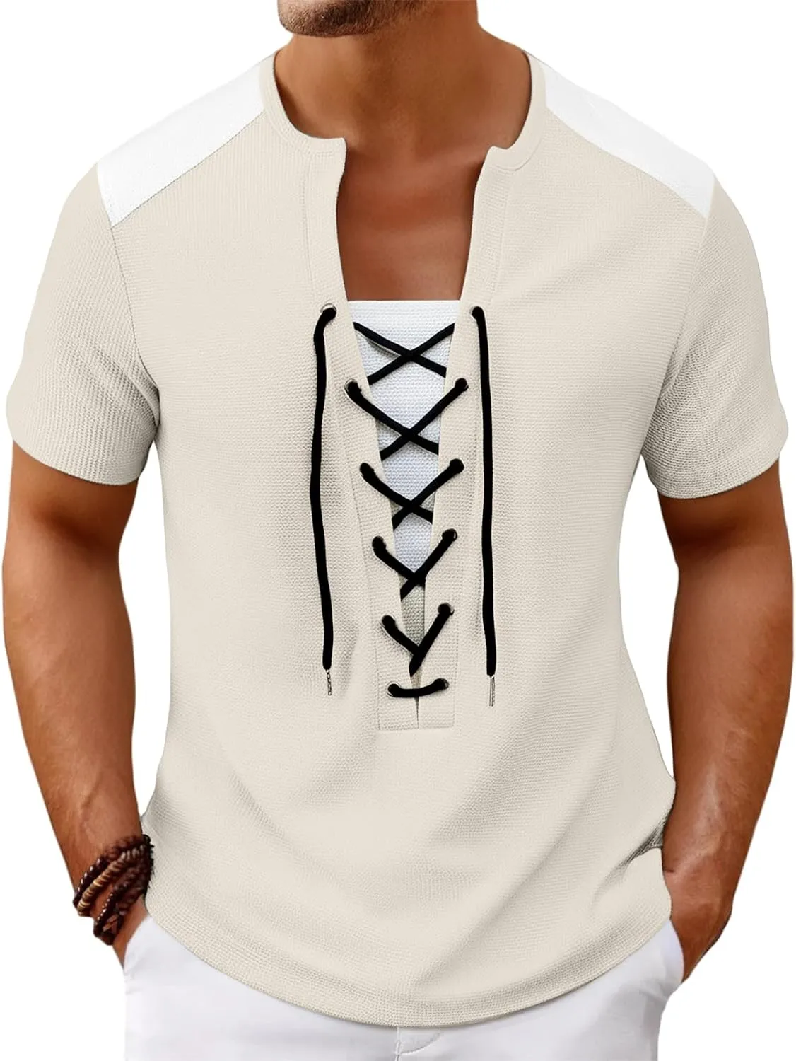 Mens Lace Up Renaissance Shirts Short Sleeve Color Block Viking Steampunk Pirate Shirt Retro Hippie Beach Tee Shirts