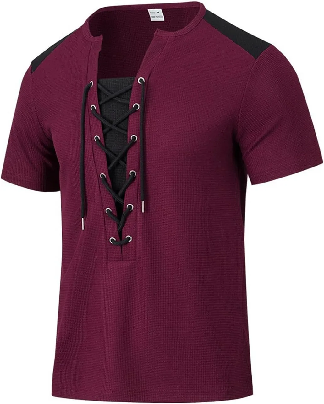 Mens Lace Up Renaissance Shirts Short Sleeve Color Block Viking Steampunk Pirate Shirt Retro Hippie Beach Tee Shirts