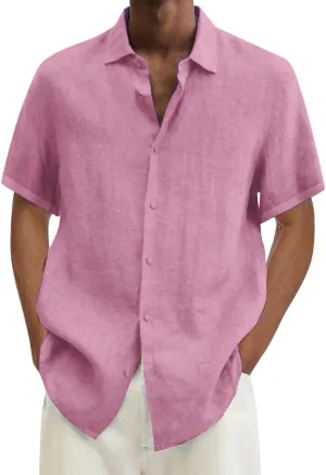 Men's Linen Shirts Short Sleeve Hawaiian Summer Button down T Shirts Vacation Beach Tops Casual Plus Size Tops