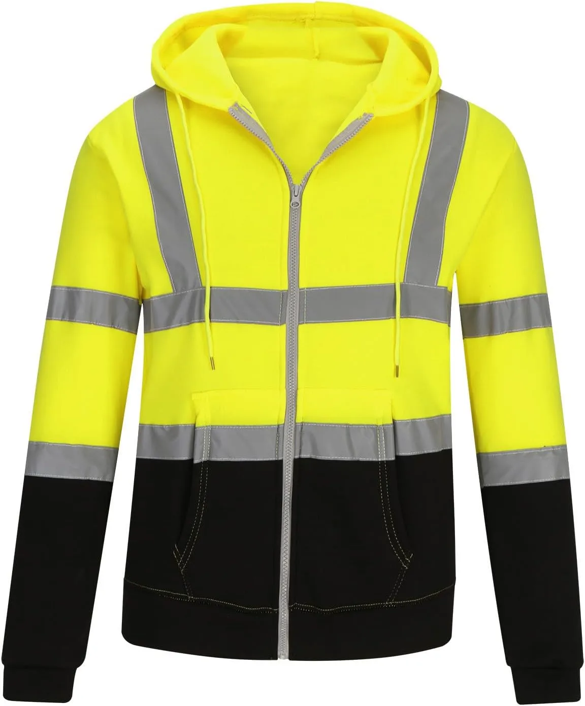 Mens Safety Hoodie Jacket High Visibility Reflective Full Zip Pocket Work Utility Reflective Strips with Extended Trims