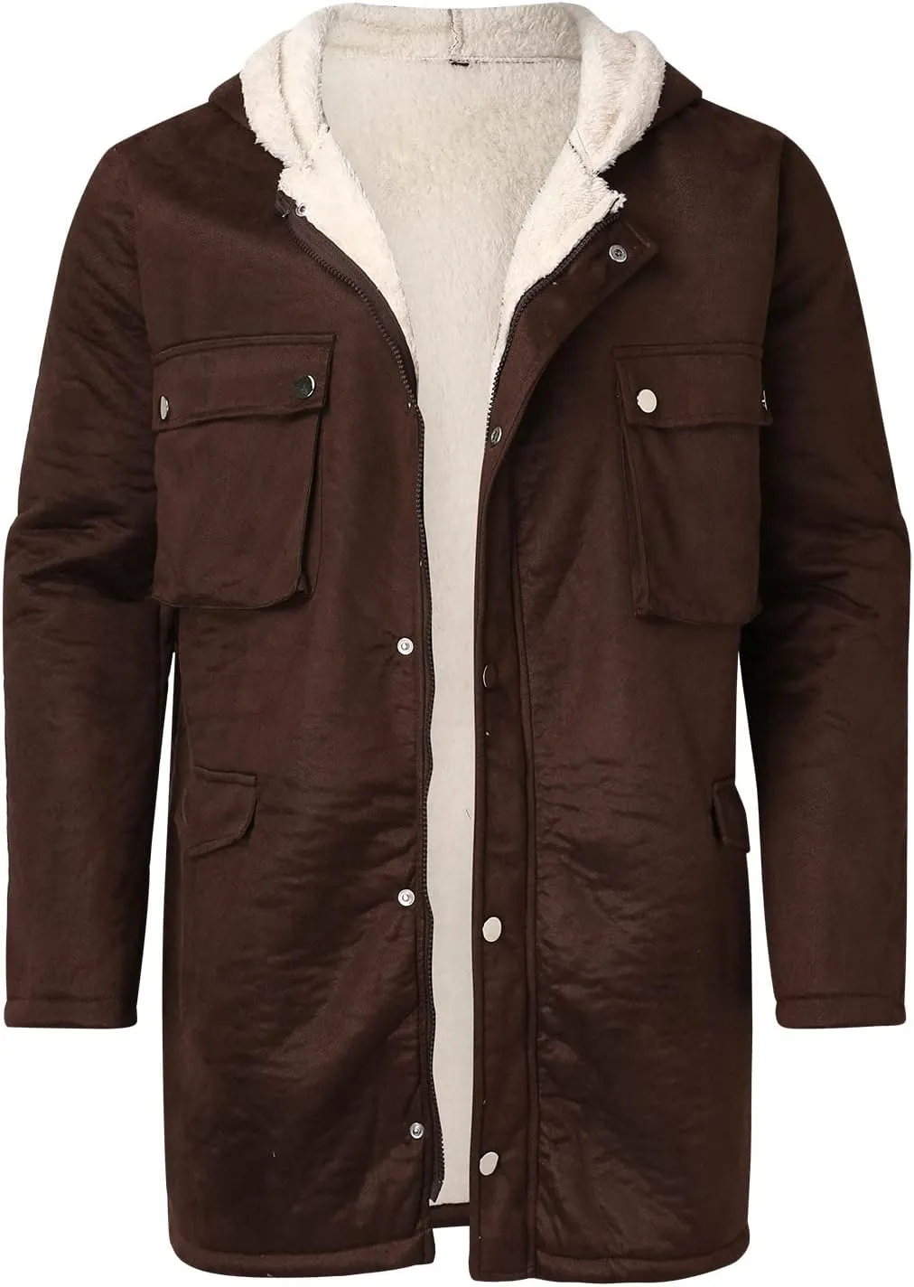 Men's Sherpa Lined Jacket with Hood Snaps Zipper Winter Thicken Warm Coats Casual Loose Stylish Shearling Faux Suede Jackets