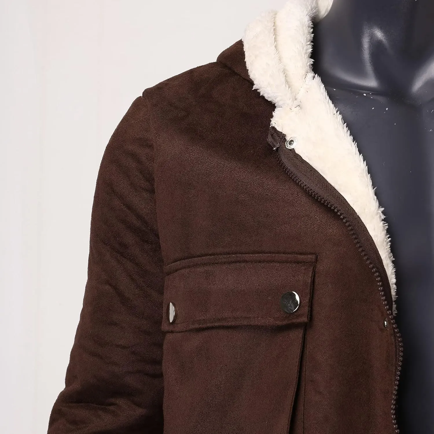 Men's Sherpa Lined Jacket with Hood Snaps Zipper Winter Thicken Warm Coats Casual Loose Stylish Shearling Faux Suede Jackets