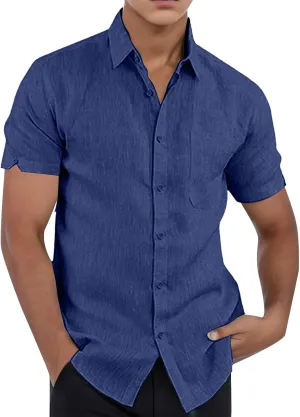 Mens Short Sleeve Button Up Shirts Linen Cotton Beach Tops Spread Collar Plain 2024 Summer T Shirt Hawaiian Vacation Shirts