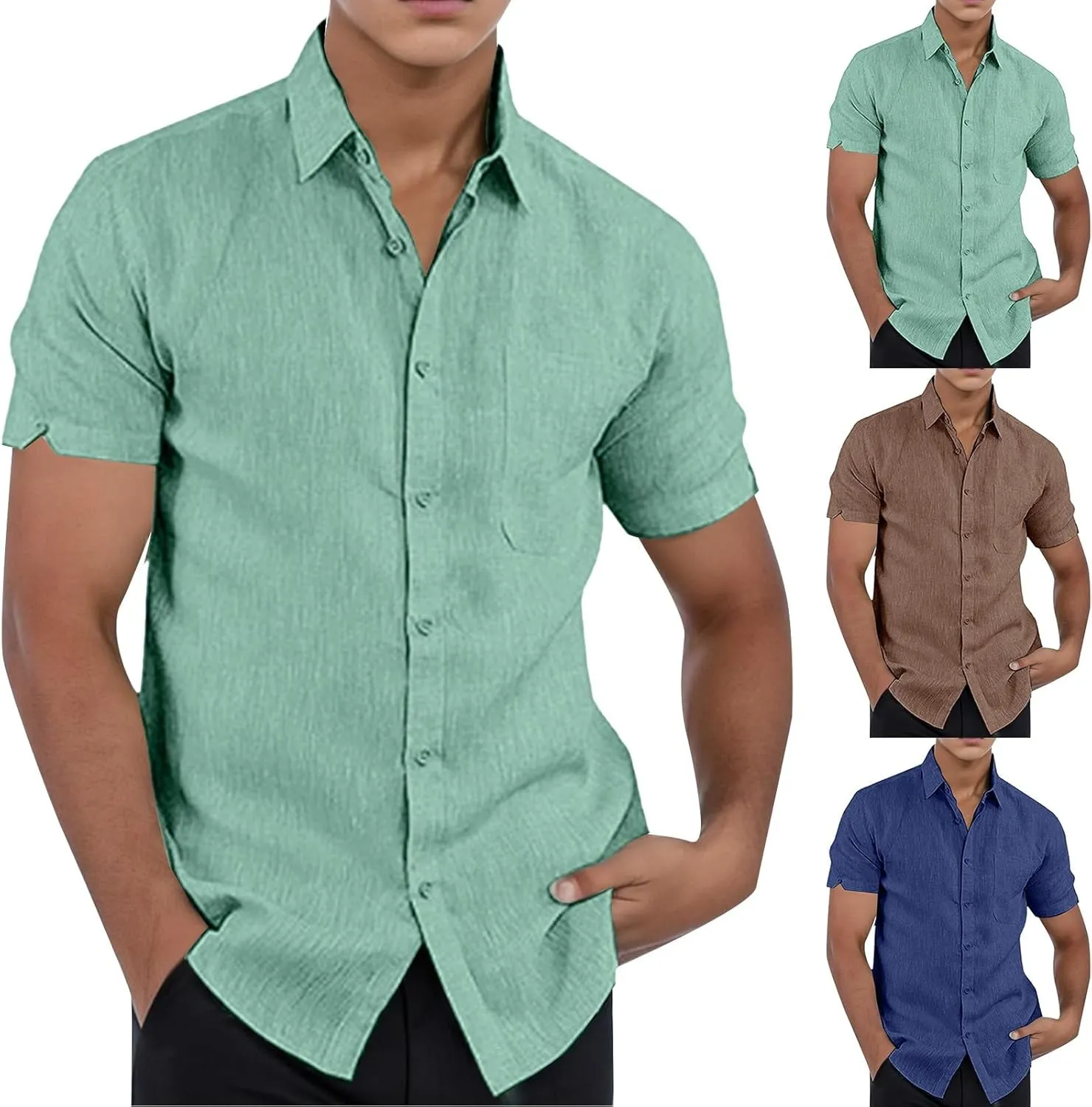 Mens Short Sleeve Button Up Shirts Linen Cotton Beach Tops Spread Collar Plain 2024 Summer T Shirt Hawaiian Vacation Shirts