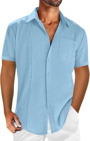 Mens Short Sleeve Cuban Guayabera Shirt Button Down Collared Linen Top Hippie Casual Beach T Shirts Plain Work Tees