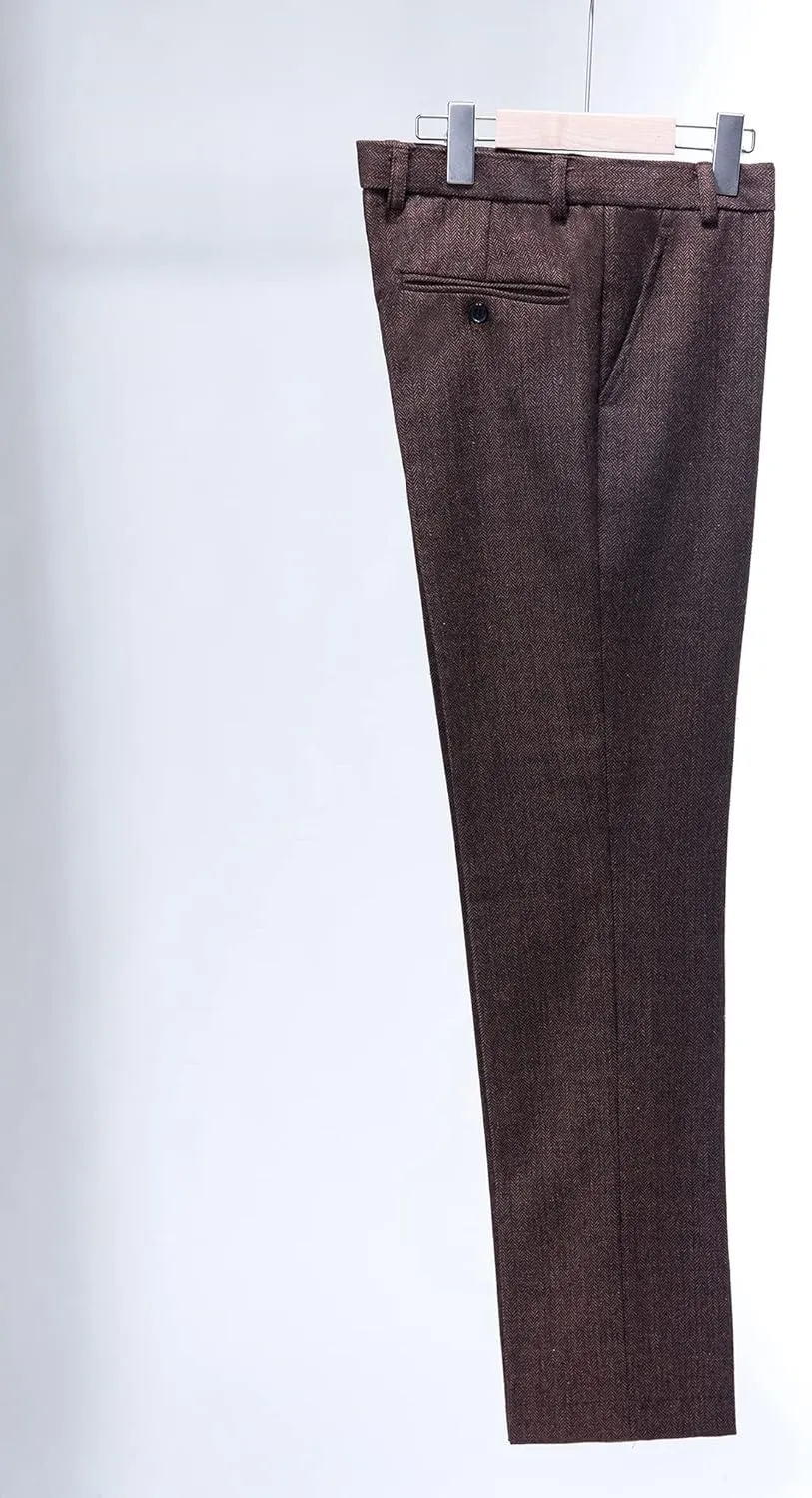 Mens Tweed Herringbone Wedding Suit Prom Tuxedos 3 Piece Peak Lapel Dress