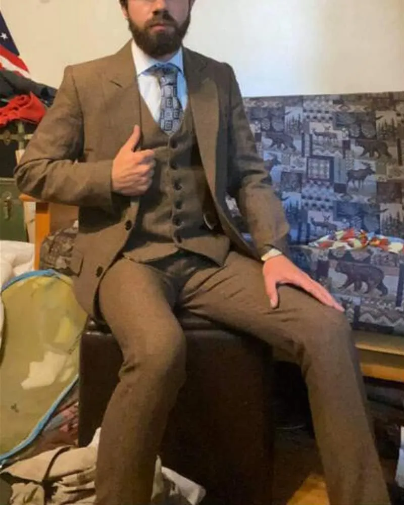 Mens Tweed Herringbone Wedding Suit Prom Tuxedos 3 Piece Peak Lapel Dress