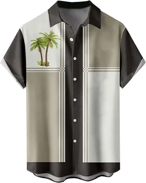 Men's Vintage Bowling Shirt Hipster Short Sleeve Button Down Hawaiian Shirts Big and Tall Summer Beach Casual Shirts