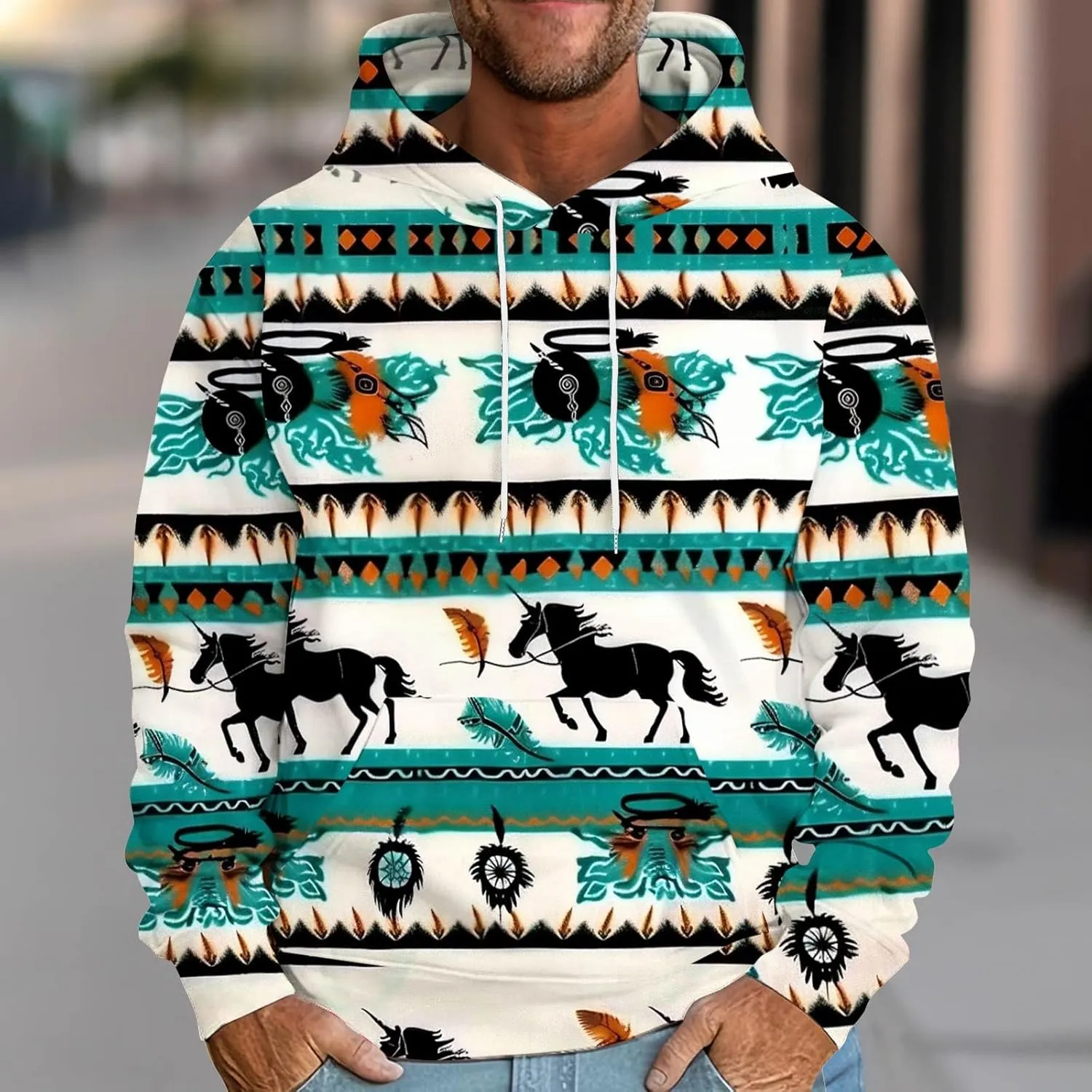 Men's Vintage Western Hoodies Aztec Ethnic Printed Tops Long Sleeve Tribal Ethnic Print Hooded Sweatshirts