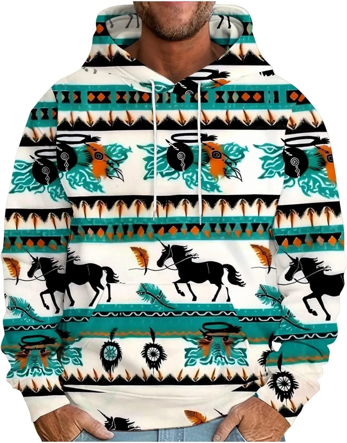 Men's Vintage Western Hoodies Aztec Ethnic Printed Tops Long Sleeve Tribal Ethnic Print Hooded Sweatshirts