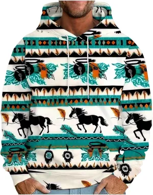 Men's Vintage Western Hoodies Aztec Ethnic Printed Tops Long Sleeve Tribal Ethnic Print Hooded Sweatshirts