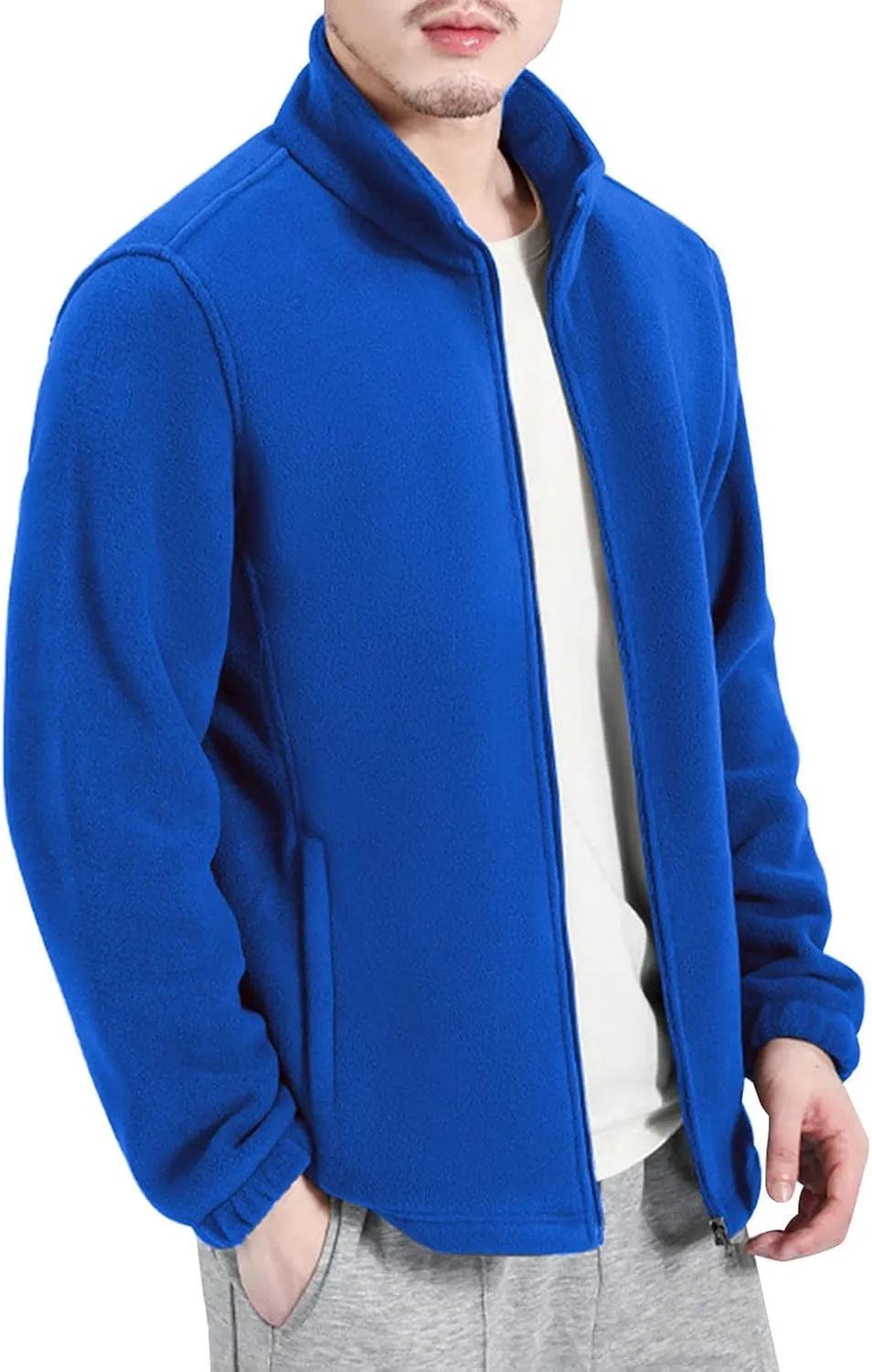 MIDOO Fleece Jacket Mens Full Zip Casual Collar Warm Cardigan Coat Jacket Solid Color Zipper Soft Top Coats for Men Winter