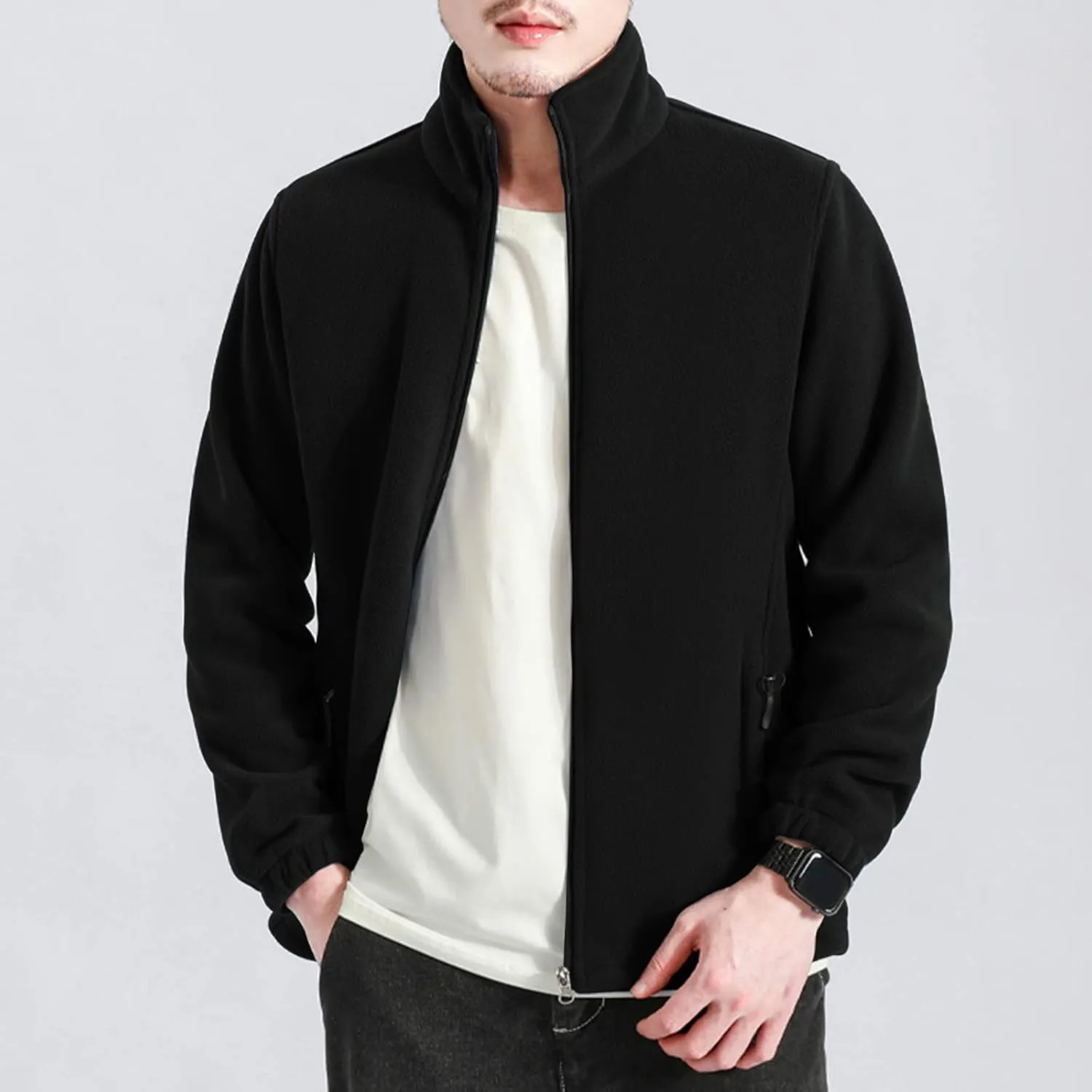 MIDOO Fleece Jacket Mens Full Zip Casual Collar Warm Cardigan Coat Jacket Solid Color Zipper Soft Top Coats for Men Winter