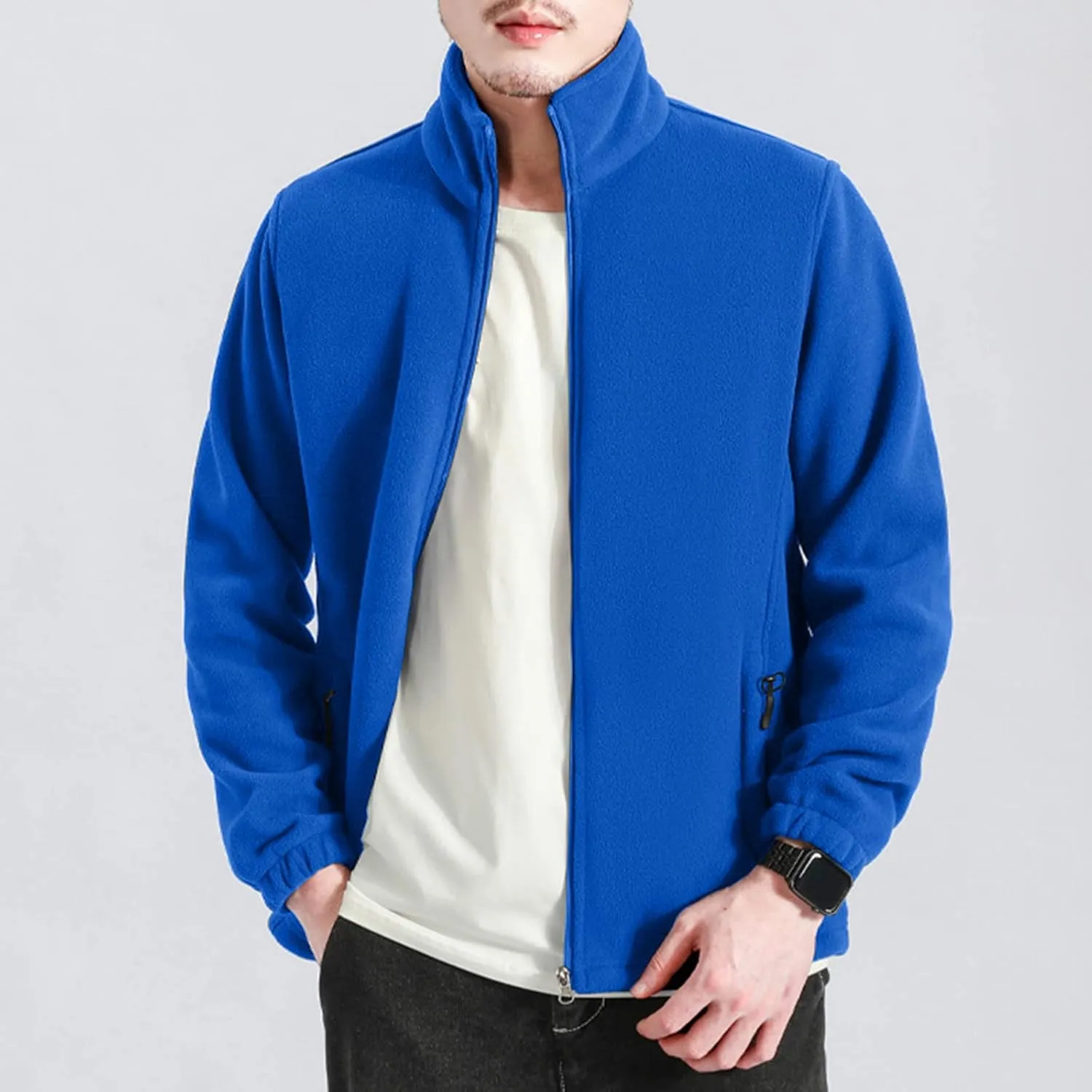 MIDOO Fleece Jacket Mens Full Zip Casual Collar Warm Cardigan Coat Jacket Solid Color Zipper Soft Top Coats for Men Winter