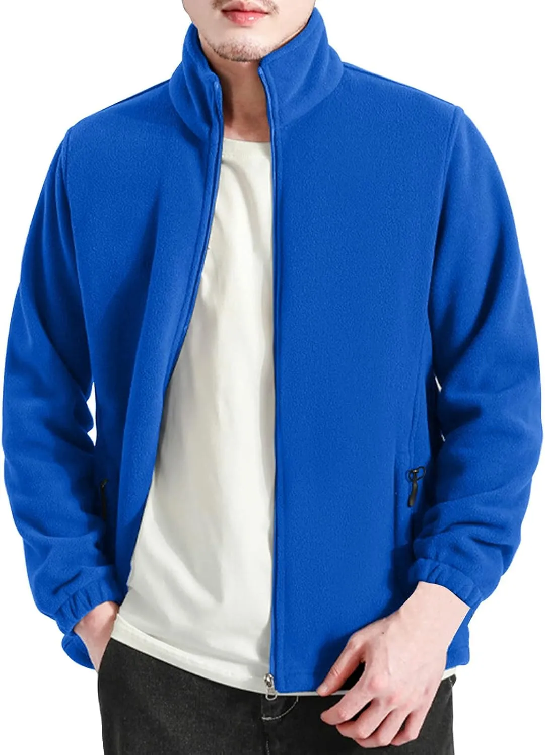 MIDOO Fleece Jacket Mens Full Zip Casual Collar Warm Cardigan Coat Jacket Solid Color Zipper Soft Top Coats for Men Winter