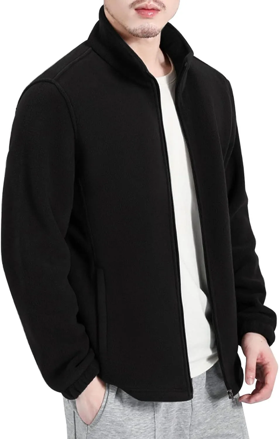 MIDOO Fleece Jacket Mens Full Zip Casual Collar Warm Cardigan Coat Jacket Solid Color Zipper Soft Top Coats for Men Winter