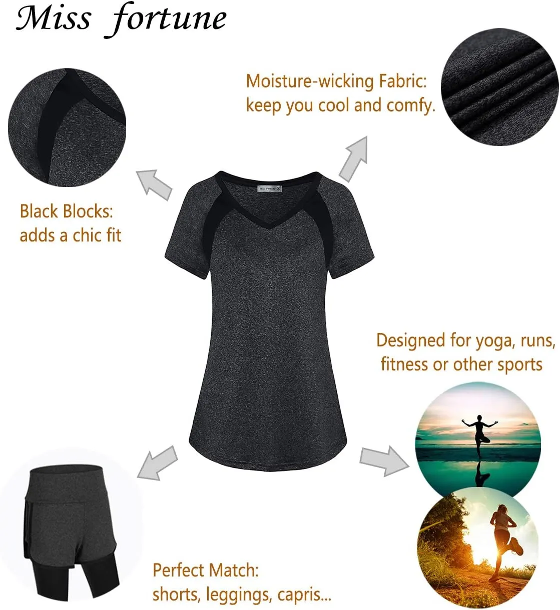 MISS FORTUNE Womens Active Wear Exercise Top Yoga Shirt Workout Clothes…