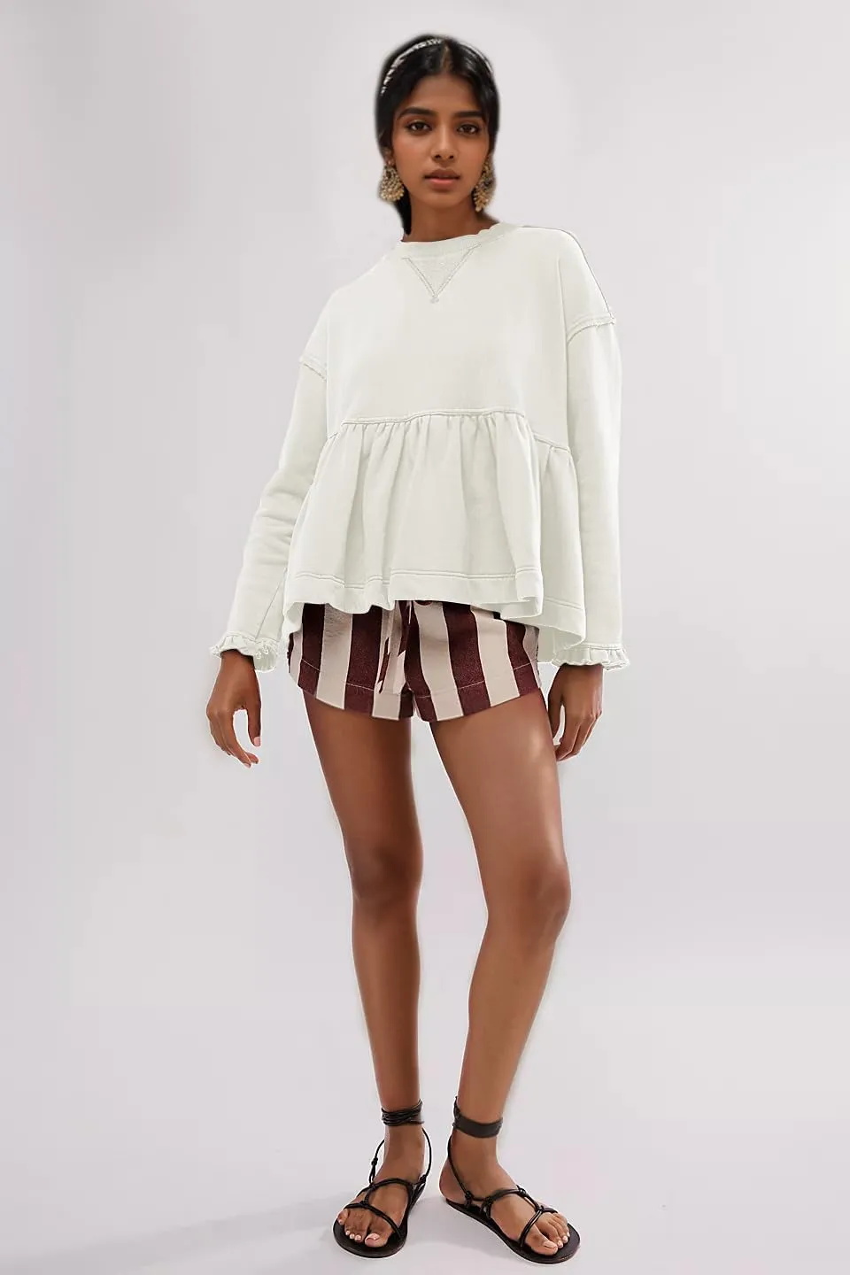 MISSACTIVER Women's Cute Ruffle Hem Babydoll Sweatshirt Crew Neck Long Sleeve Drop Shoulder Trendy Flowy Peplum Pullover Tops