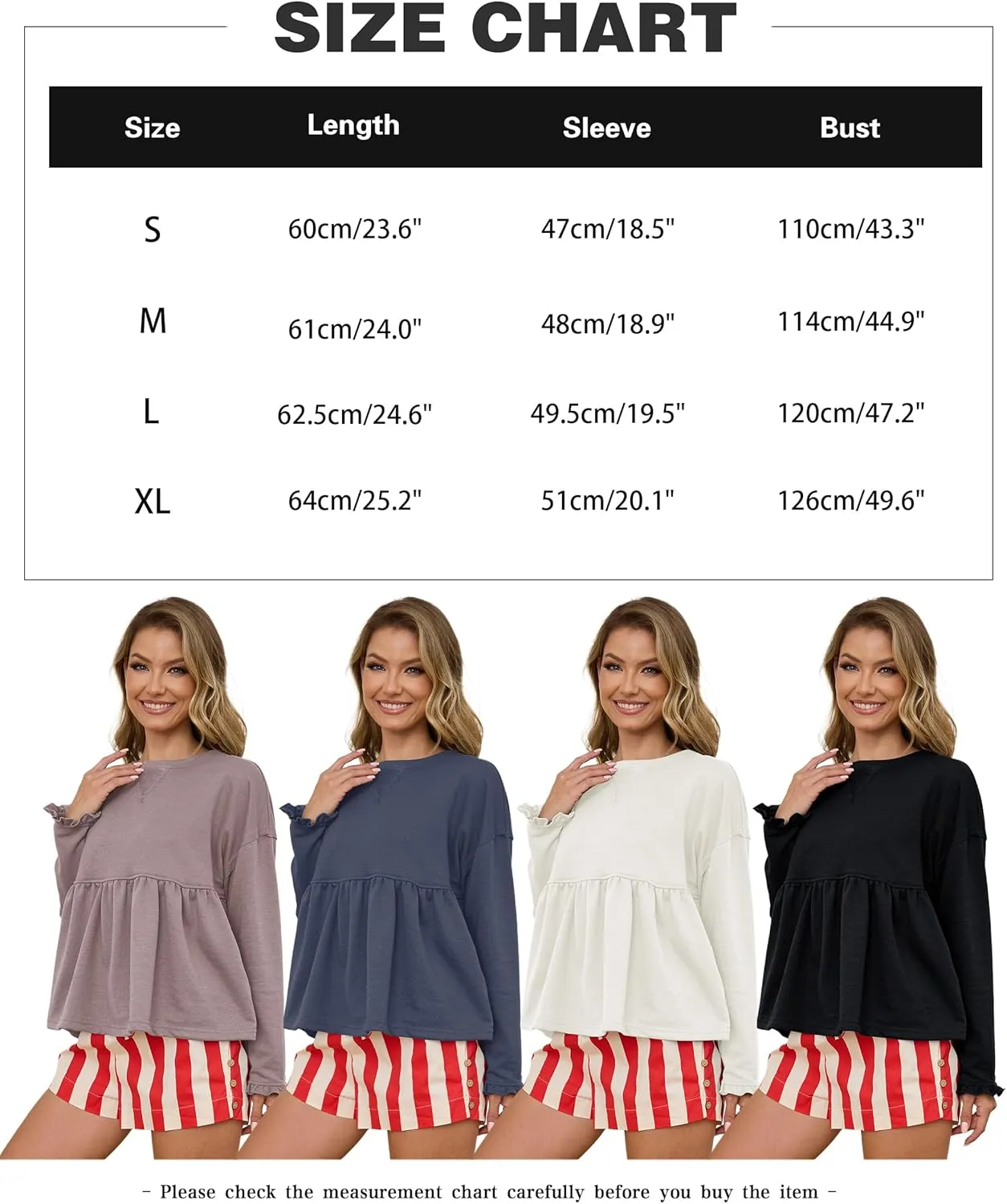 MISSACTIVER Women's Cute Ruffle Hem Babydoll Sweatshirt Crew Neck Long Sleeve Drop Shoulder Trendy Flowy Peplum Pullover Tops
