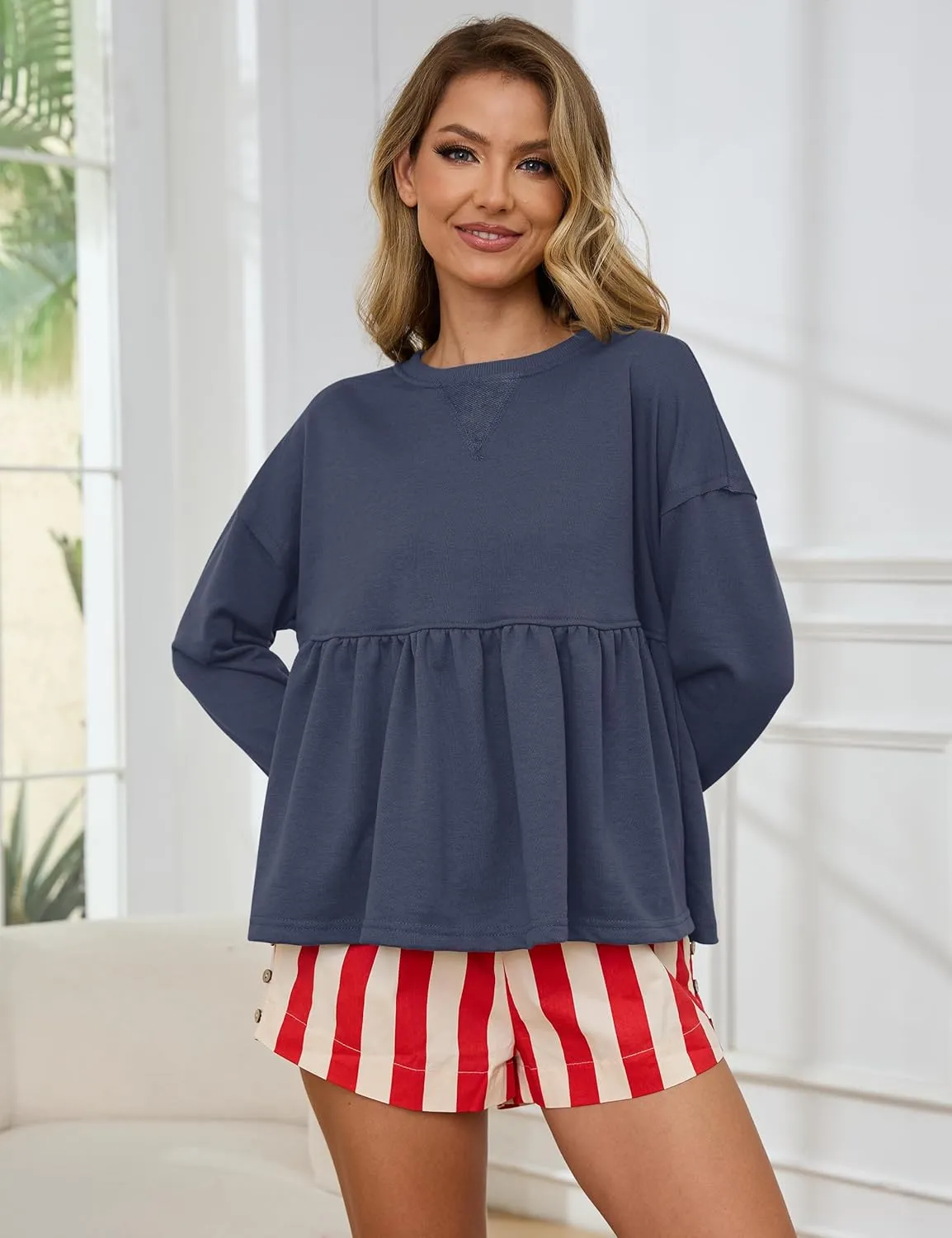 MISSACTIVER Women's Cute Ruffle Hem Babydoll Sweatshirt Crew Neck Long Sleeve Drop Shoulder Trendy Flowy Peplum Pullover Tops
