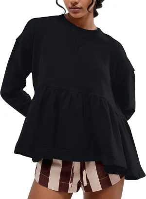 MISSACTIVER Women's Cute Ruffle Hem Babydoll Sweatshirt Crew Neck Long Sleeve Drop Shoulder Trendy Flowy Peplum Pullover Tops