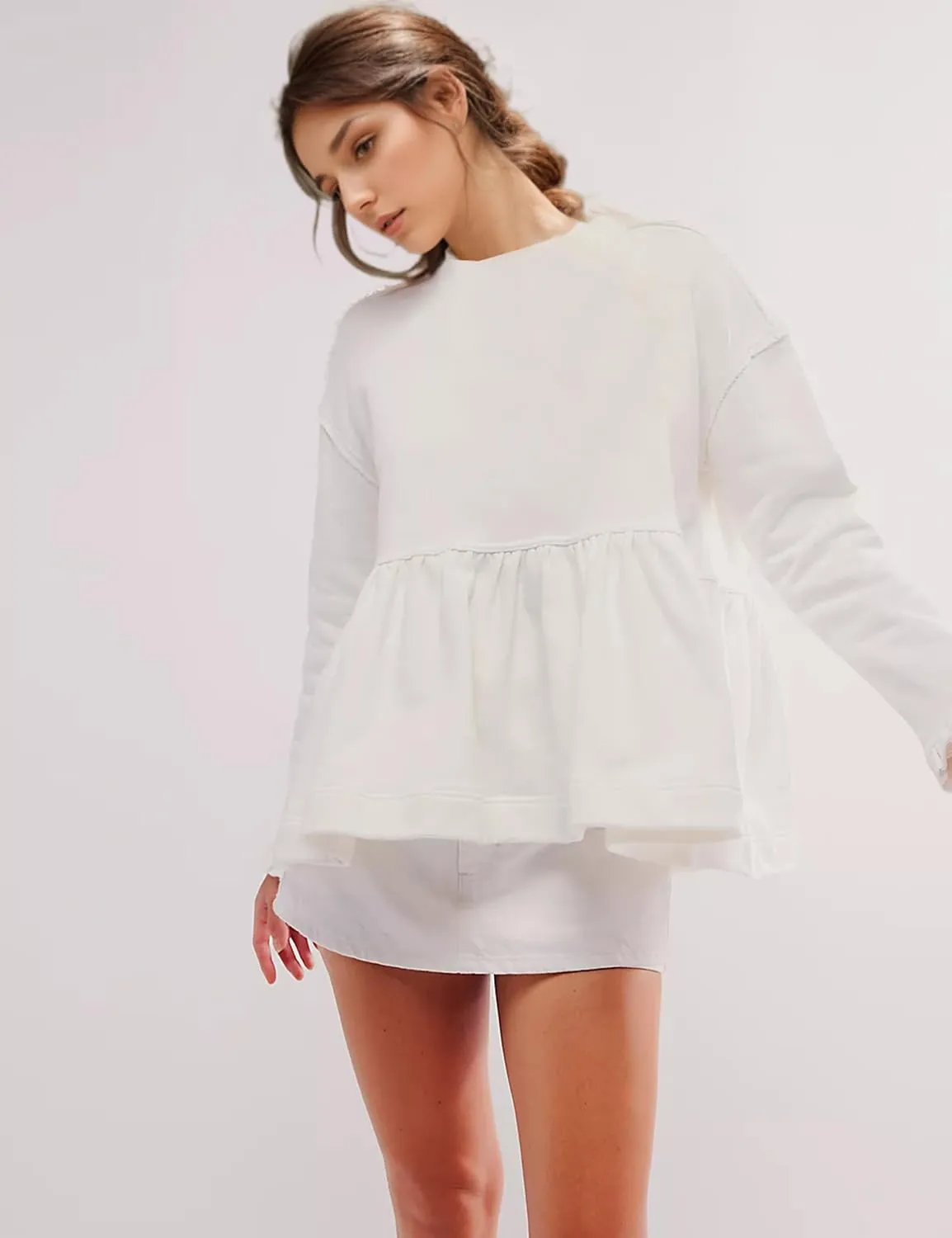 MISSACTIVER Women's Cute Ruffle Hem Babydoll Sweatshirt Crew Neck Long Sleeve Drop Shoulder Trendy Flowy Peplum Pullover Tops