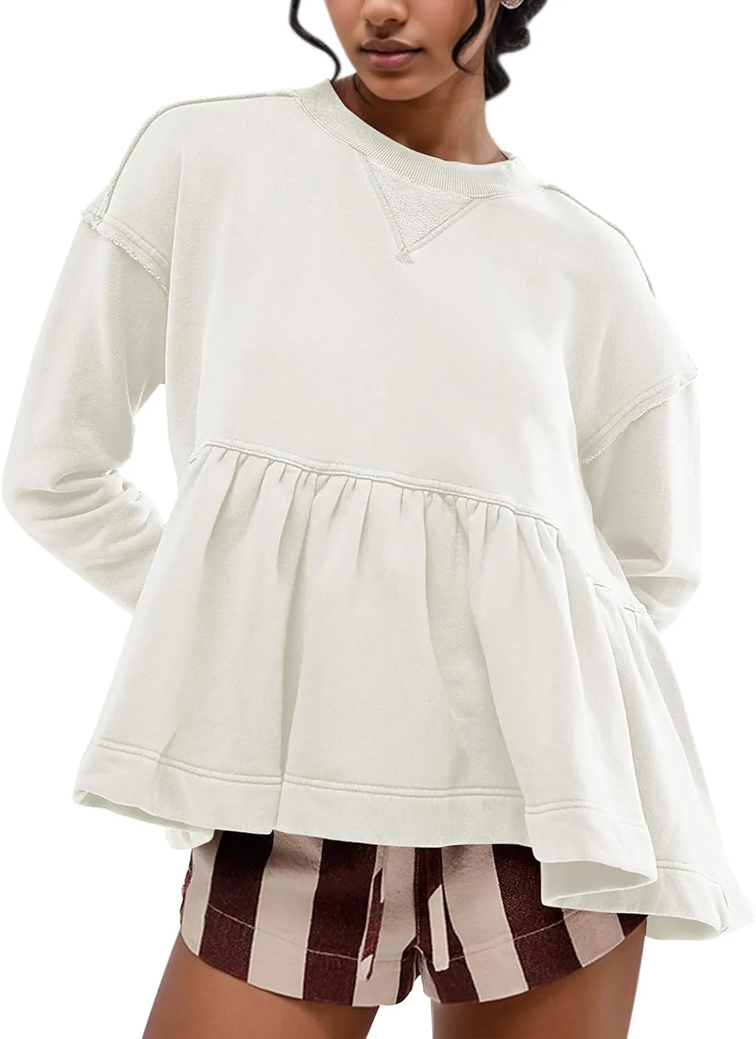 MISSACTIVER Women's Cute Ruffle Hem Babydoll Sweatshirt Crew Neck Long Sleeve Drop Shoulder Trendy Flowy Peplum Pullover Tops