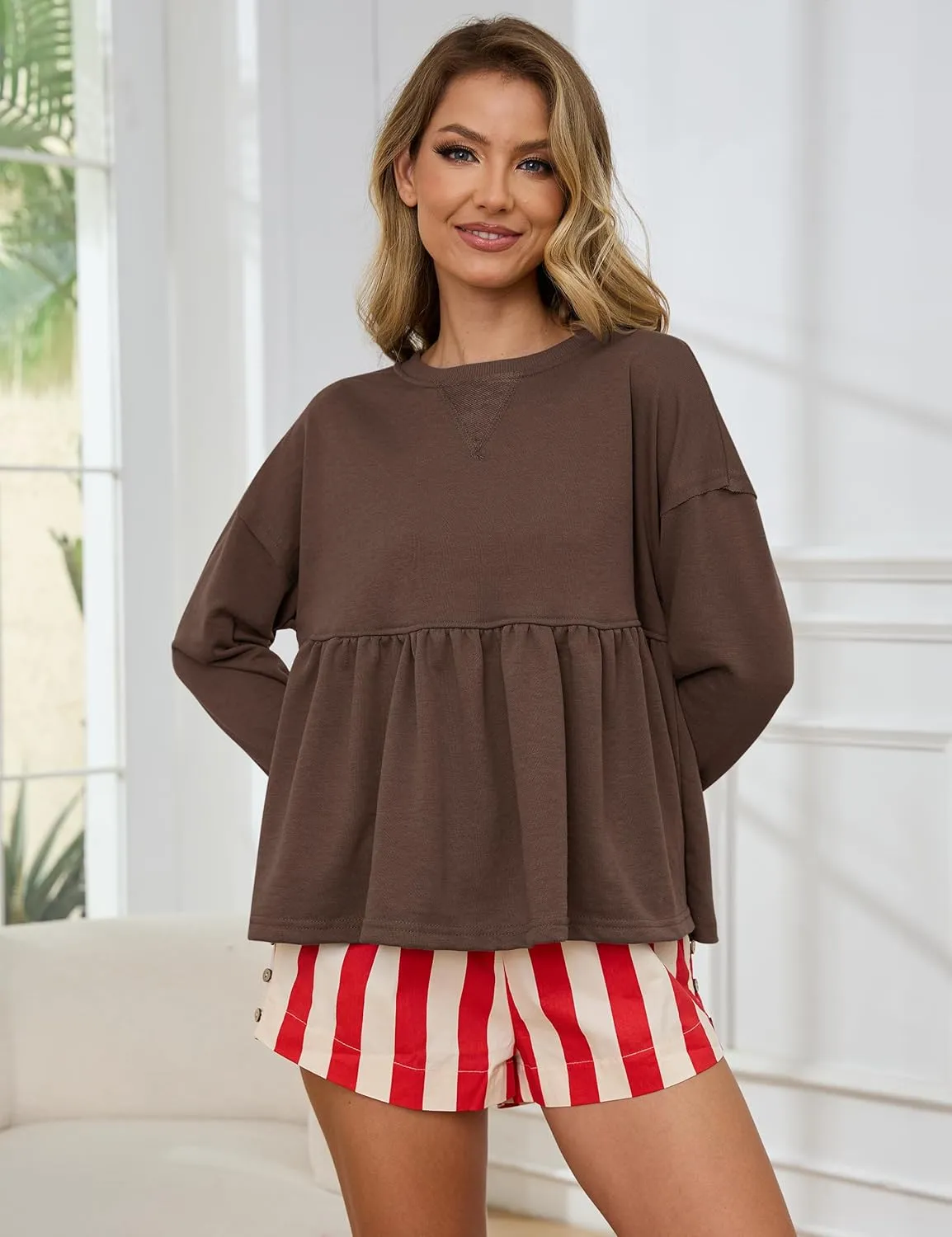 MISSACTIVER Women's Cute Ruffle Hem Babydoll Sweatshirt Crew Neck Long Sleeve Drop Shoulder Trendy Flowy Peplum Pullover Tops