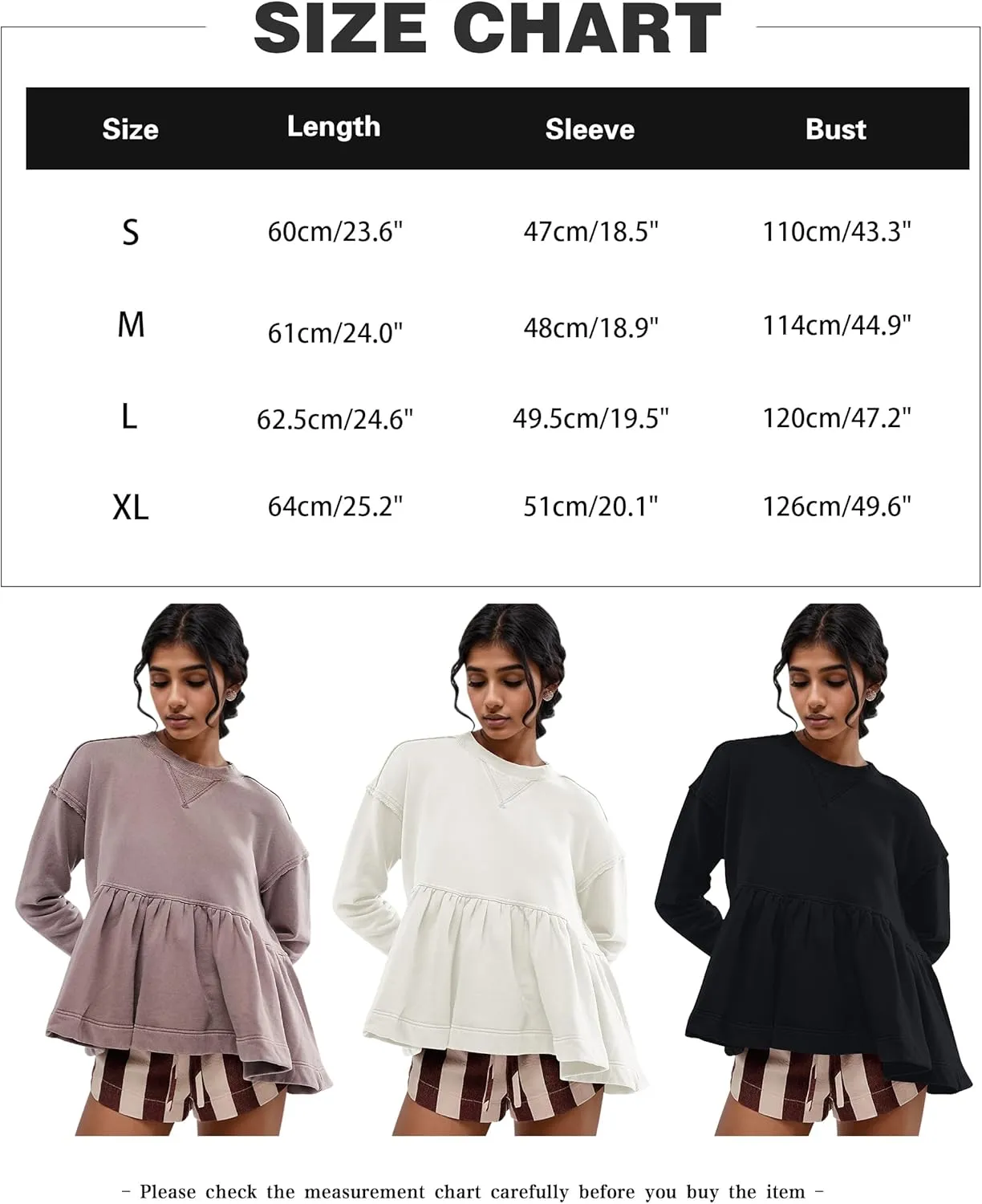 MISSACTIVER Women's Cute Ruffle Hem Babydoll Sweatshirt Crew Neck Long Sleeve Drop Shoulder Trendy Flowy Peplum Pullover Tops