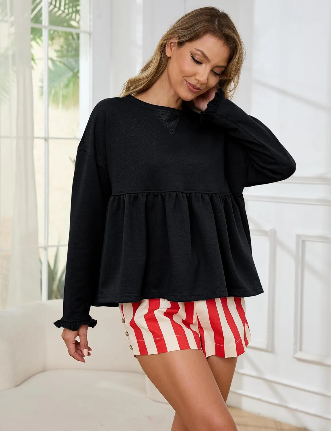 MISSACTIVER Women's Cute Ruffle Hem Babydoll Sweatshirt Crew Neck Long Sleeve Drop Shoulder Trendy Flowy Peplum Pullover Tops