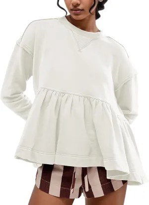 MISSACTIVER Women's Cute Ruffle Hem Babydoll Sweatshirt Crew Neck Long Sleeve Drop Shoulder Trendy Flowy Peplum Pullover Tops