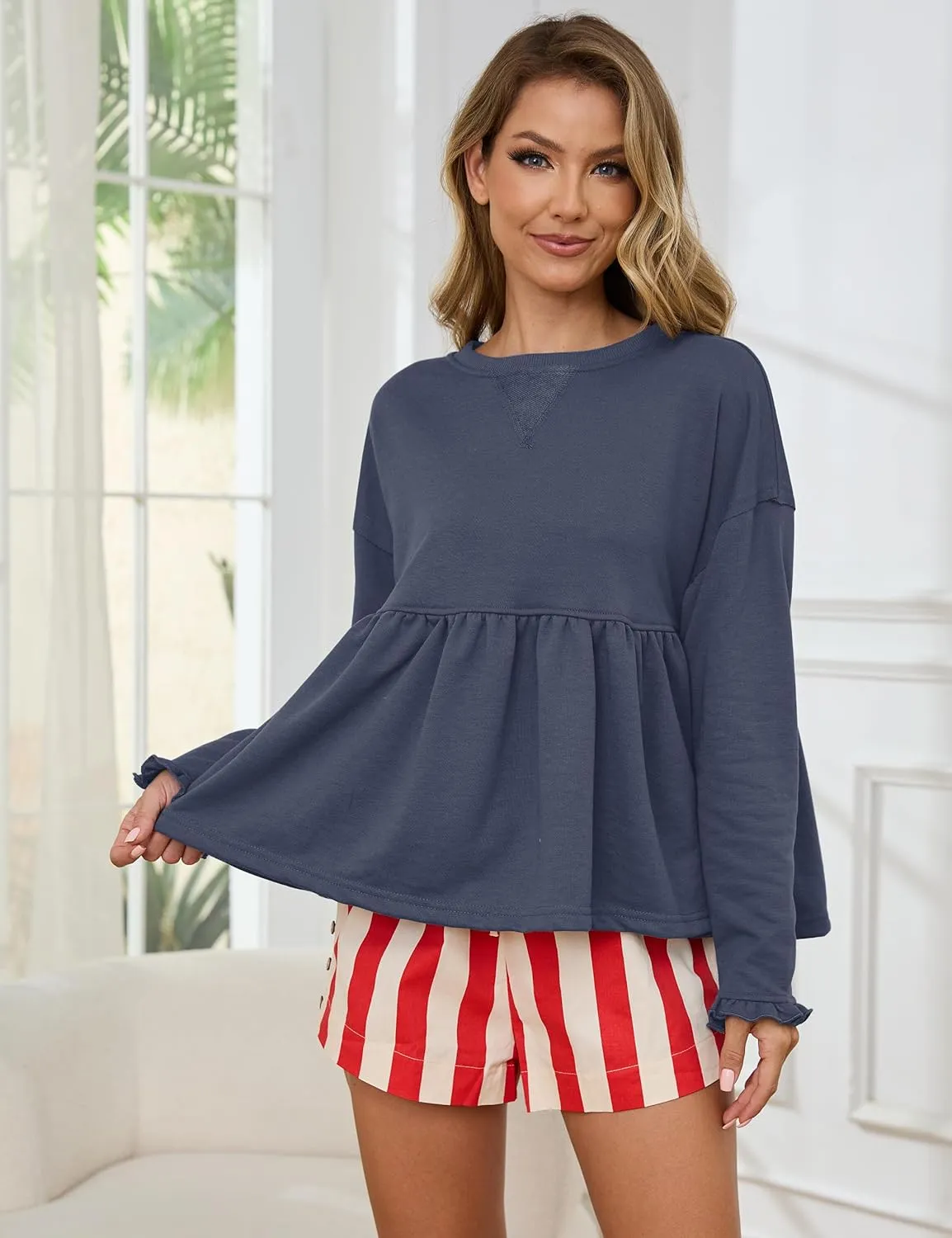 MISSACTIVER Women's Cute Ruffle Hem Babydoll Sweatshirt Crew Neck Long Sleeve Drop Shoulder Trendy Flowy Peplum Pullover Tops