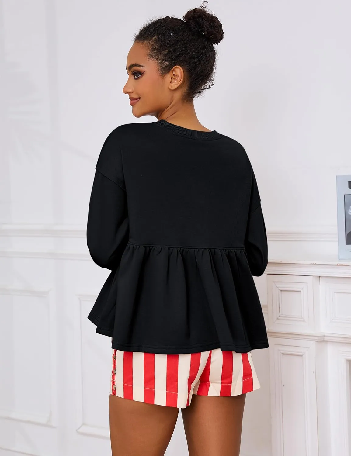 MISSACTIVER Women's Cute Ruffle Hem Babydoll Sweatshirt Crew Neck Long Sleeve Drop Shoulder Trendy Flowy Peplum Pullover Tops