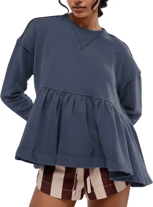 MISSACTIVER Women's Cute Ruffle Hem Babydoll Sweatshirt Crew Neck Long Sleeve Drop Shoulder Trendy Flowy Peplum Pullover Tops