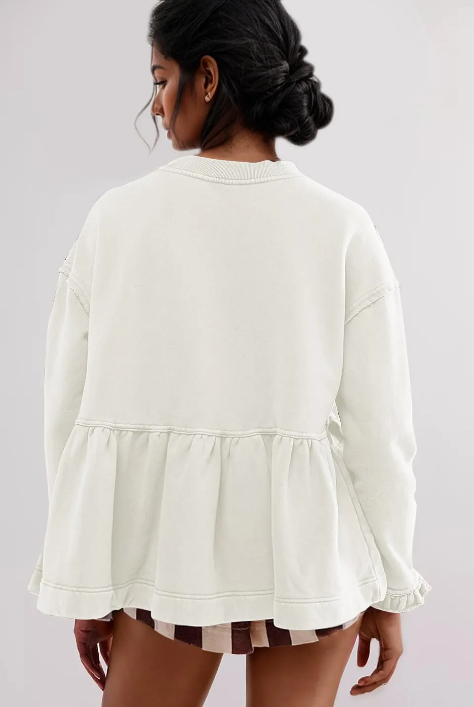 MISSACTIVER Women's Cute Ruffle Hem Babydoll Sweatshirt Crew Neck Long Sleeve Drop Shoulder Trendy Flowy Peplum Pullover Tops