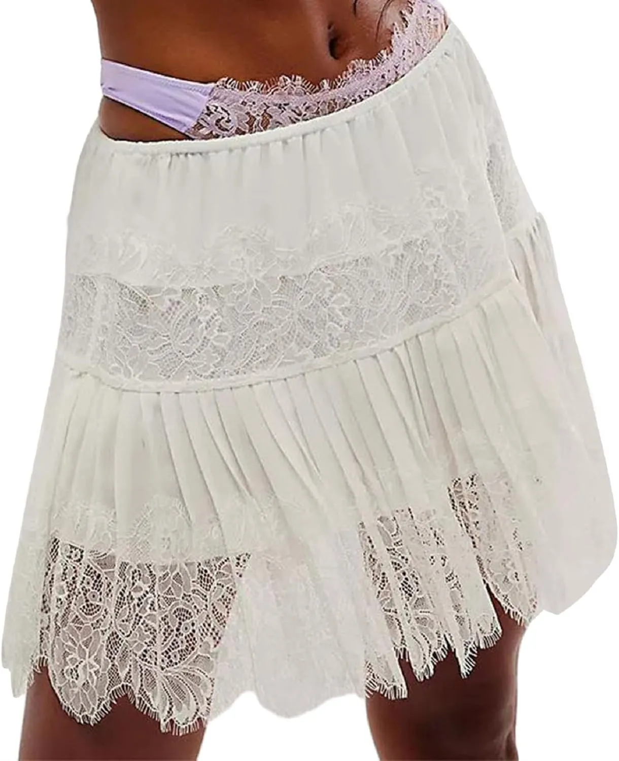 Muineobuka Lace Slip Skirt for Women Low Waist Pleated Lace Tiered Mini Skirt Lace Half Slip Underskirts