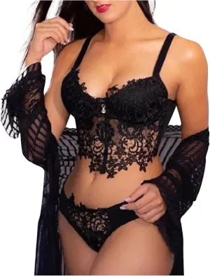 Mzkdieey Women Sexy Lingerie Strap Lace Teddy Babydoll Sheer Bralette and Panty Set Floral Embroidery Nightwear Underwear