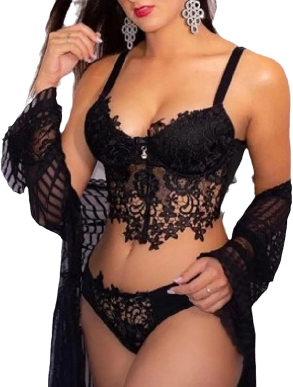 Mzkdieey Women Sexy Lingerie Strap Lace Teddy Babydoll Sheer Bralette and Panty Set Floral Embroidery Nightwear Underwear