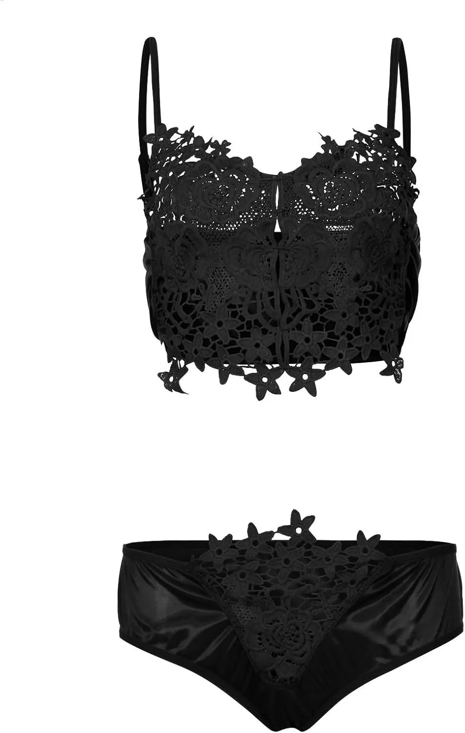 Mzkdieey Women Sexy Lingerie Strap Lace Teddy Babydoll Sheer Bralette and Panty Set Floral Embroidery Nightwear Underwear