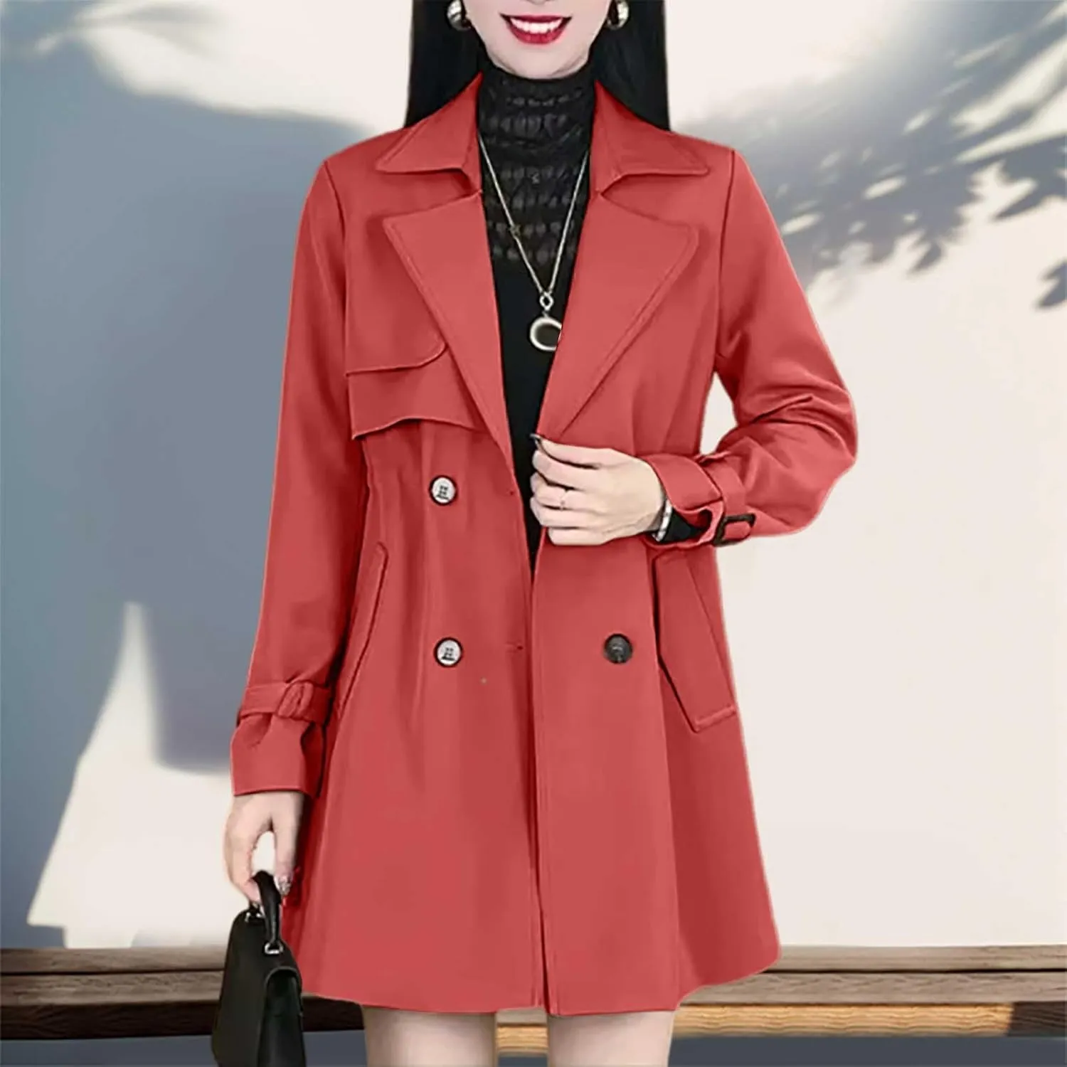 Omfortable Waisted Lapel Trench Coat Lightweight Double Breasted Mid Long Coats Mid Length Slim Overcoat