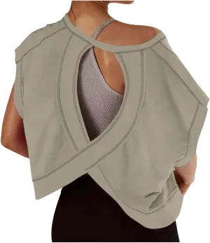 Open Back Workout Tops for Women Oversized Short Sleeve Athletic Shirts Cotton V Neck Blouse Casual Crop Running Tee