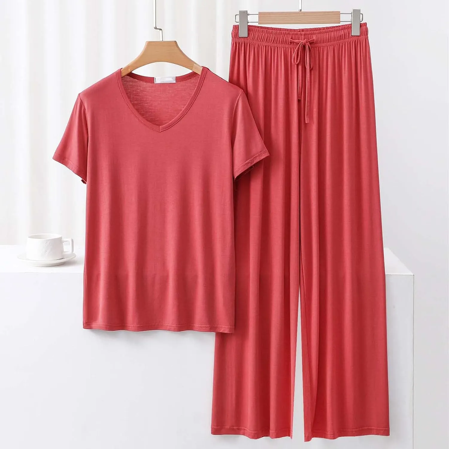 Oplxuo Womens Pajama Sets Modal Sleepwear V-Neck Short Sleeve Basic Tee Shirts and Wide Leg Pants 2 Piece Pjs Lounge Sets