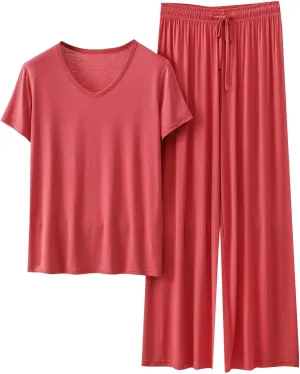 Oplxuo Womens Pajama Sets Modal Sleepwear V-Neck Short Sleeve Basic Tee Shirts and Wide Leg Pants 2 Piece Pjs Lounge Sets