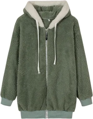 Oversize Coats for Women Fleece Sherpa Jacket Pure Color Hooded Coat for Women Zip Up Jackets with Pocket Winter Top